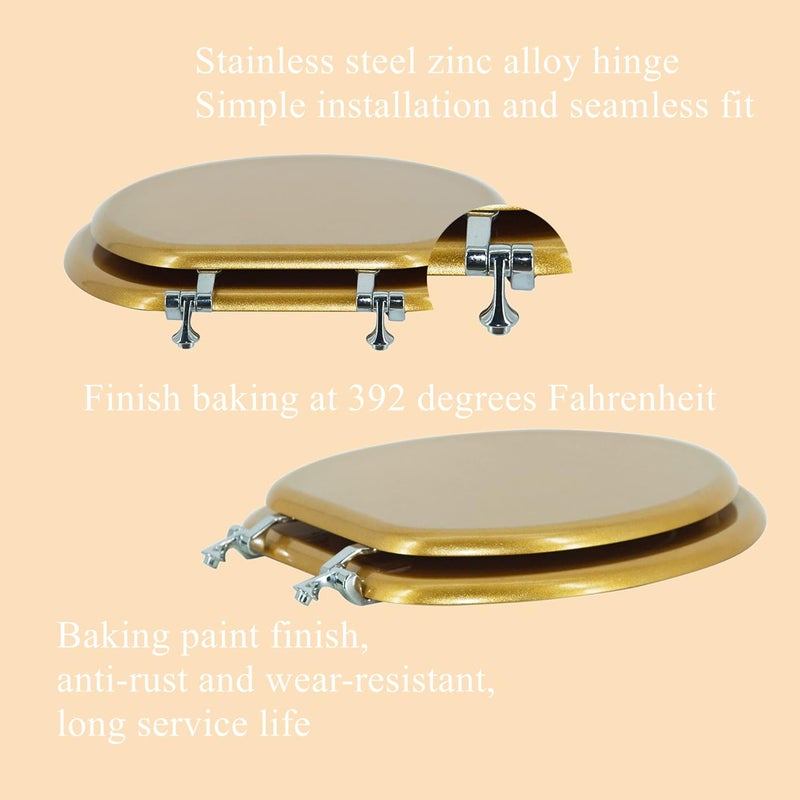 BLOFDE Round Toilet Seat Wood Toilet Seat Prevent Shifting with Zinc Alloy Hinges American Standard Size Toilet Seat Easy to Install also Easy to Clean(Round,Sparkling Classical Gold) - Image 2